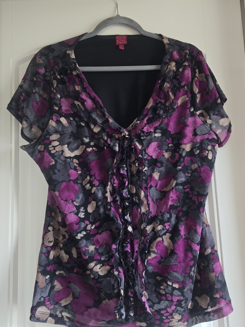 212 Collection Purple and Black Floral Ruffle V-Neck Blouse